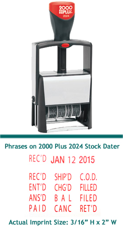 Find a self-inking stamp dater on the EZ Custom Stamps store. This 2000 Plus Classic Line 2024 features a rectangular steel frame with 12 phrase words.