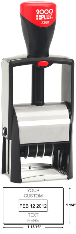 Find a self-inking stamp dater on the EZ Custom Stamps store. This 2000 Plus Classic Line 2360 is a heavy duty stamper with 1 ink color and 4 lines of customization.