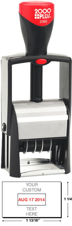 Find a self-inking stamp dater on the EZ Custom Stamps store. This 2000 Plus Classic Line 2360 is a heavy duty stamper with 2 ink colors and 4 lines of customization.