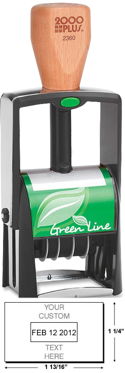 Searching for a ecofriendly stamp dater? This 2000 Plus Green Line 2360 model is customizable up to 4 lines and self-inking.