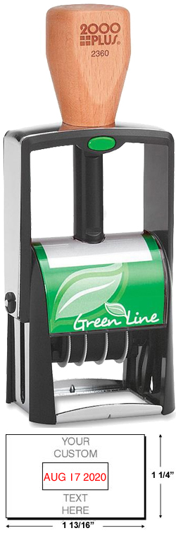 Looking for a custom ecofriendly self-inking stamp dater? Shop this 4 line, 2 color, 2000 plus Green Line 2360 Self-inking stamp dater here!
