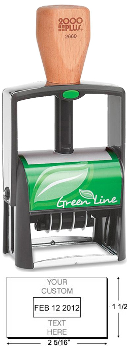 Looking for a custom ecofriendly self-inking stamp dater? Shop 6 line, 1 color, 2000 plus Green Line 2660 Self-inking stamp dater here!