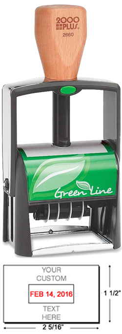 Looking for a custom ecofriendly self-inking stamp dater? Shop 6 line, 2 color, 2000 plus Green Line 2660 Self-inking stamp dater here!