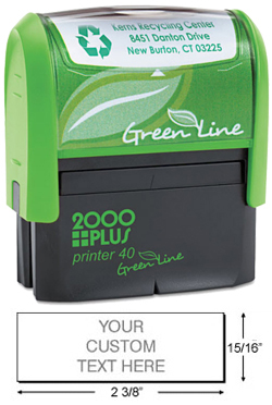 This eco-friendly self-inking stamp printer from the 2000 Plus P40 Green Line is perfect for the workplace. Create stamps with this vertical printer for up to 5,000 impressions per pad.