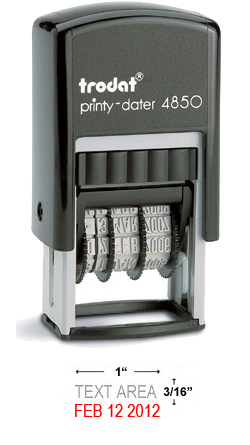 Looking for custom stamp daters? The Trodat Printy self-inking rectangular stamp dater 4850 comes in 2 colors and allows up to 1 line of customization.