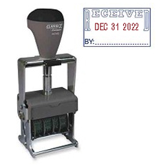 This 2-color self-inking stamp dater prints the month, day, and year and includes "received by" with space for your name.