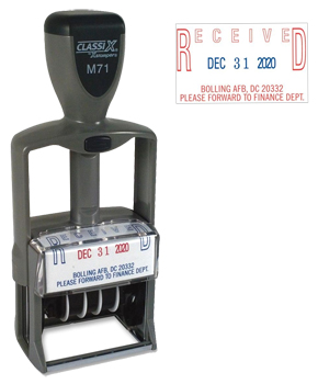 Looking for a rectangular 4 line stamp dater? This Xstamper ClassiX M71 model comes in 2 ink colors and allows customization up to 4 lines of text. Shop today.