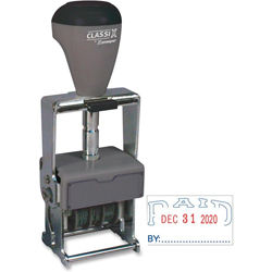 This 2-color red and blue self-inking stamp dater prints the month, day, and year and includes "paid by" with space for your name.