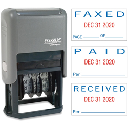 This 2-color red and blue self-inking stamp dater prints the month, day, and year and includes optioned for Faxed, Paid, or Received.