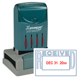 This 2-color red and blue self-inking Xstamper stamp dater prints the month, day, and year in red and "received" in blue.