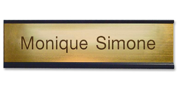 Need a custom desk name plate? Shop our 2" X 8" custom desk name plates with black aluminum holder included at the EZ Custom Stamps Store.