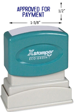 Looking for an "Approved for Payment" message stamper? Buy this pre-inked Xstamper model, a blue one-color stamp to identify, approve, and file office documents easily.