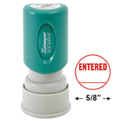 Looking for an "Entered" message stamper for the office? This red round Xstamper 11418 is a smaller size for office document convenience.