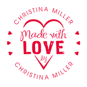 Looking for a custom monogram stamp? Shop this "Made With Love" heart design stamp that allows for custom name and text in a color of your choice.