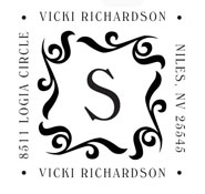 Looking for a decorative initial monogram stamp? Shop this square stamp with a swirl design that comes with customizable initials, border text, and a color of your choice.
