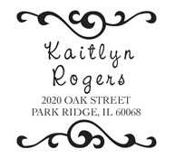 Looking for a decorative monogram stamp? This decorative stamp comes in a playful font with 2 areas for text and a color of your choice.