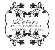 Looking for a custom monogram stamp? Shop this square stamp with an ornate floral border, two areas for text, and a color of your choice.