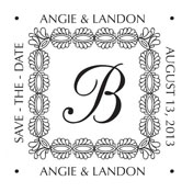Looking for a decorative monogram stamp? This customizable stamp features an embellished design with room for custom border text in a color of your choice.