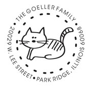 Acknowledge your feline friend on your custom round address stamp. This monogram includes an image of a cat surrounded by your name and address.